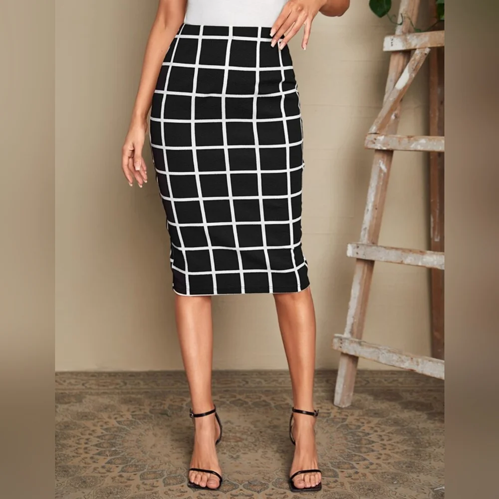 Mid Century Modern Navy Blue & White Grid Nylon Blend Pencil Straight Skirt S